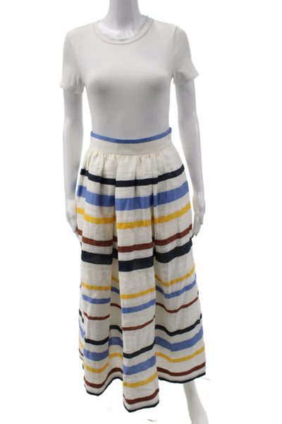 Sara Roka Women White Striped Linen Long Pleated Skirt Size 40