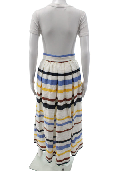Sara Roka Women White Striped Linen Long Pleated Skirt Size 40