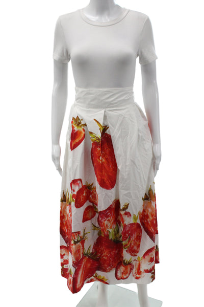 Sara Roka Women A-Line Long White Cotton Floral Strawberry Skirt Size 40