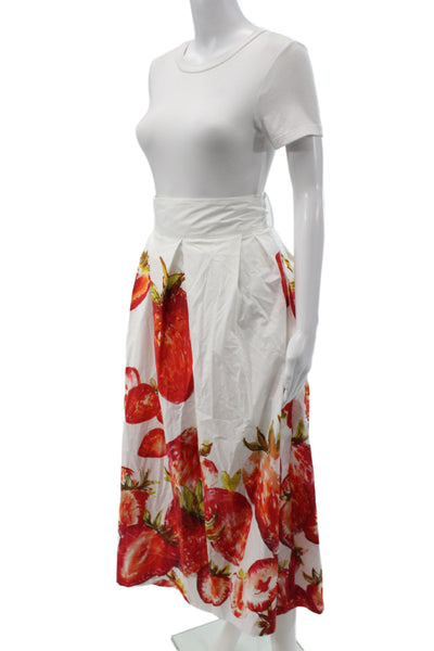 Sara Roka Women A-Line Long White Cotton Floral Strawberry Skirt Size 40