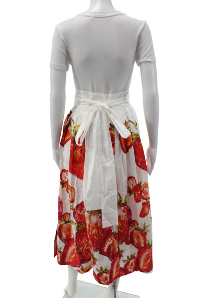 Sara Roka Women A-Line Long White Cotton Floral Strawberry Skirt Size 40