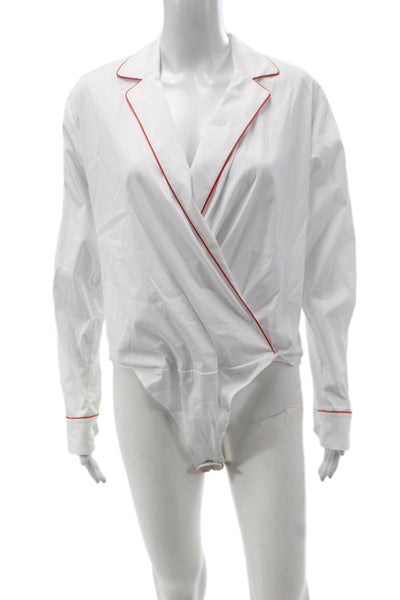 Sara Roka Women Collared Cotton Long Sleeve One Piece Bodysuit White Size 40