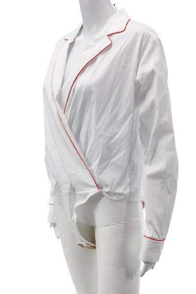 Sara Roka Women Collared Cotton Long Sleeve One Piece Bodysuit White Size 40