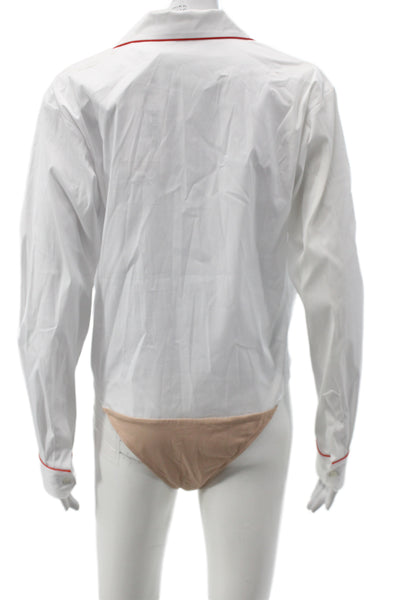 Sara Roka Women Collared Cotton Long Sleeve One Piece Bodysuit White Size 40