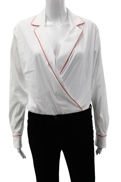Sara Roka Women Collared Cotton Long Sleeve One Piece Bodysuit White Size 40
