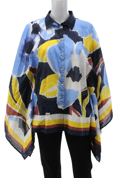 Sara Roka Women Tunic Blue Floral Cotton Collared 3/4 Sleeve Size 40