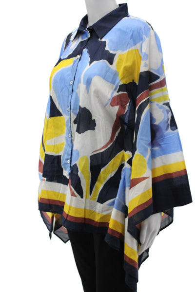 Sara Roka Women Tunic Blue Floral Cotton Collared 3/4 Sleeve Size 40