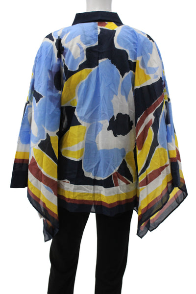 Sara Roka Women Tunic Blue Floral Cotton Collared 3/4 Sleeve Size 40