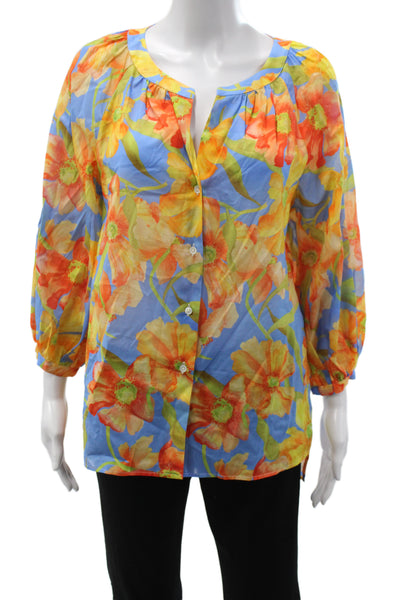 Sara Roka Womens Blue Floral Tunic Blouse 3/4 Sleeve Round Neck Cotton Size 40