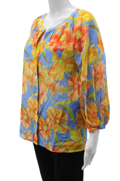 Sara Roka Womens Blue Floral Tunic Blouse 3/4 Sleeve Round Neck Cotton Size 40