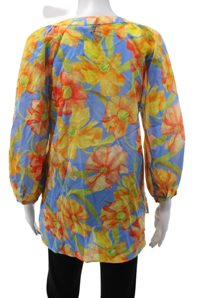 Sara Roka Womens Blue Floral Tunic Blouse 3/4 Sleeve Round Neck Cotton Size 40