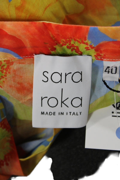 Sara Roka Womens Blue Floral Tunic Blouse 3/4 Sleeve Round Neck Cotton Size 40