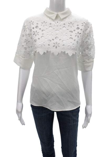 Anne Fontaine Womens White Floral Collared Short Sleeve Basic Blouse Size 44