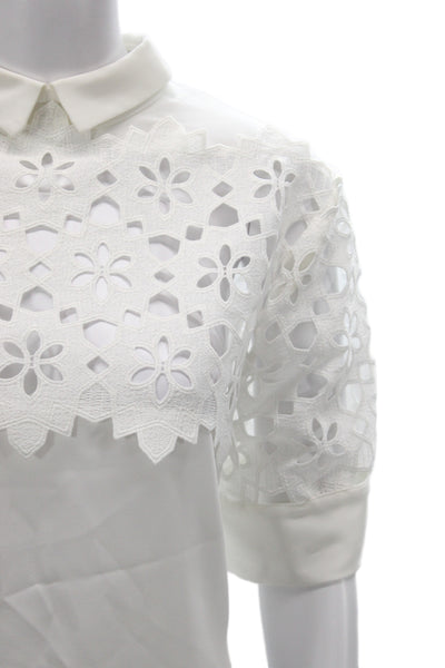 Anne Fontaine Womens White Floral Collared Short Sleeve Basic Blouse Size 44