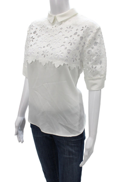 Anne Fontaine Womens White Floral Collared Short Sleeve Basic Blouse Size 44