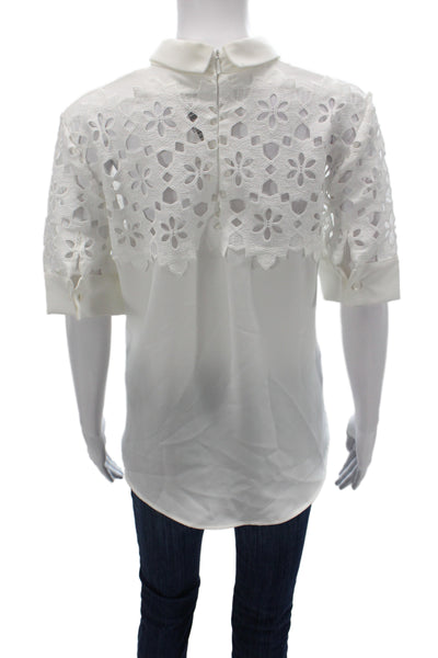 Anne Fontaine Womens White Floral Collared Short Sleeve Basic Blouse Size 44