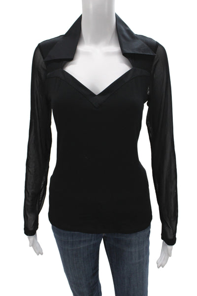 Anne Fontaine Women Black Pima Cotton Collared Long Sleeve Blouse Size 42