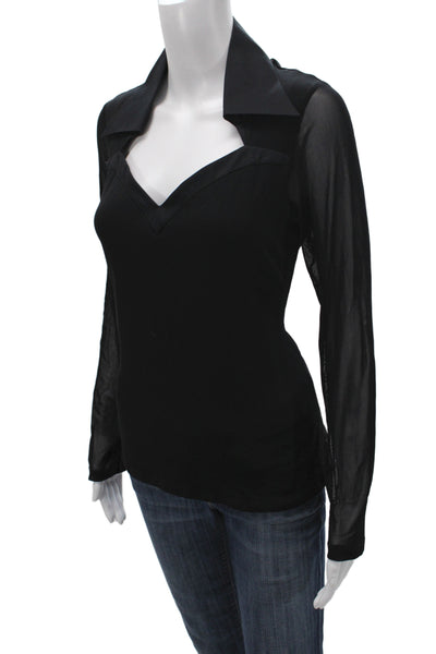 Anne Fontaine Women Black Pima Cotton Collared Long Sleeve Blouse Size 42