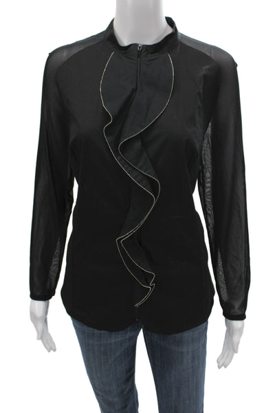 Anne Fontaine Women Black High Neck Long Sleeve Cotton Blouse Zip Size 44