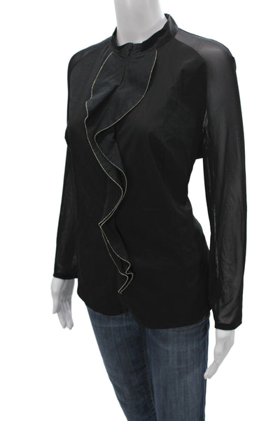 Anne Fontaine Women Black High Neck Long Sleeve Cotton Blouse Zip Size 44
