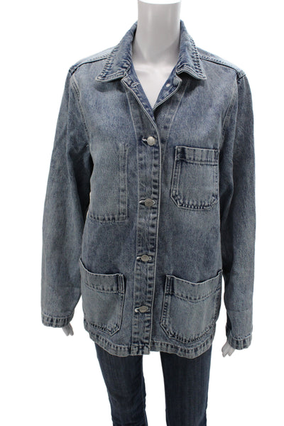 Quince Womens Basic Jacket Blue Organic Cotton Button Long Sleeve Size M