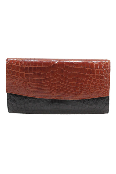 Eileen Kramer Womens Leather Crocodile Print Clutch Handbag Brown Black