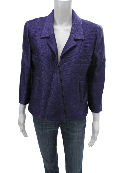 Chanel Women Basic Jacket Purple Cotton Zip 3/4 Sleeve Designer Size 44