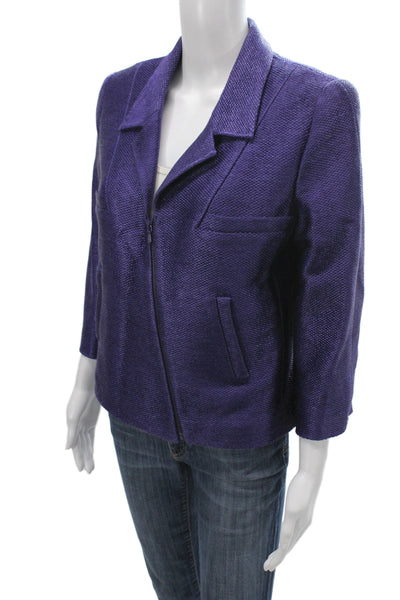 Chanel Women Basic Jacket Purple Cotton Zip 3/4 Sleeve Designer Size 44