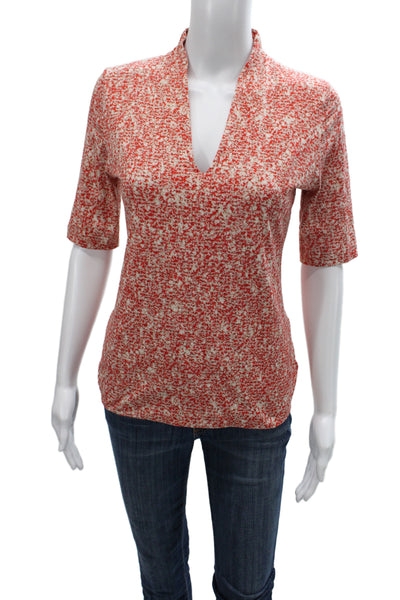 Akris Women V-Neck Jersey Blouse Short Sleeve Red Geometric Cotton Size 12
