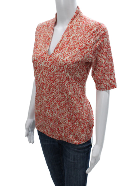Akris Women V-Neck Jersey Blouse Short Sleeve Red Geometric Cotton Size 12