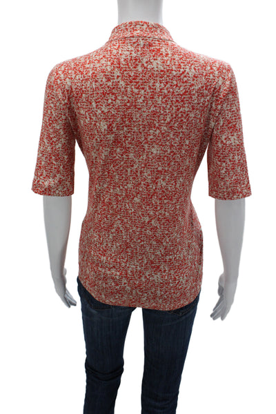Akris Women V-Neck Jersey Blouse Short Sleeve Red Geometric Cotton Size 12