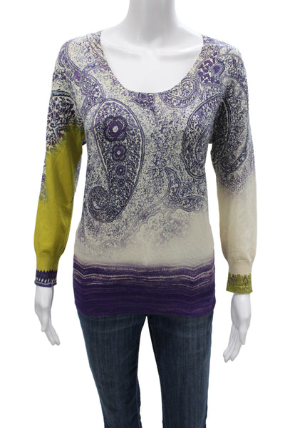Etro Women Green Paisley Scoop Neck Pullover Sweater Long Sleeve Size 42