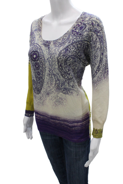 Etro Women Green Paisley Scoop Neck Pullover Sweater Long Sleeve Size 42