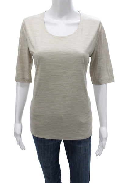 Akris Women Basic Mulberry Silk Scoop Neck 3/4 Sleeve Beige T-Shirt Size 12