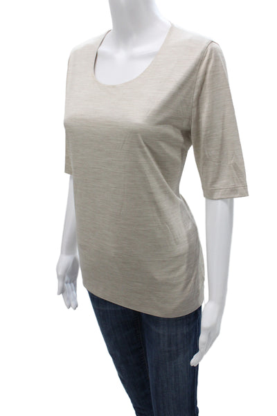 Akris Women Basic Mulberry Silk Scoop Neck 3/4 Sleeve Beige T-Shirt Size 12