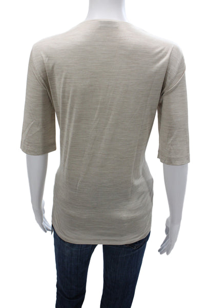 Akris Women Basic Mulberry Silk Scoop Neck 3/4 Sleeve Beige T-Shirt Size 12