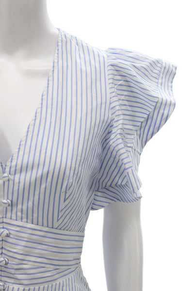 Veronica Beard Women Blue Striped V-Neck Button Short Sleeve Blouse Size 0