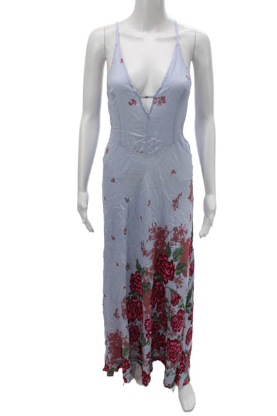 Intimately Free People Women Maxi Floral V Neck Sleeveless Blue Dress Size XS