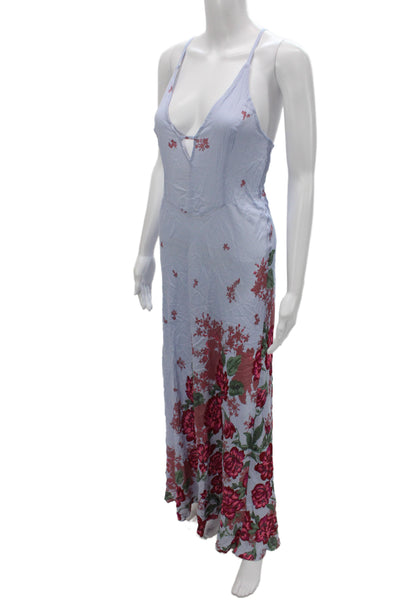 Intimately Free People Women Maxi Floral V Neck Sleeveless Blue Dress Size XS