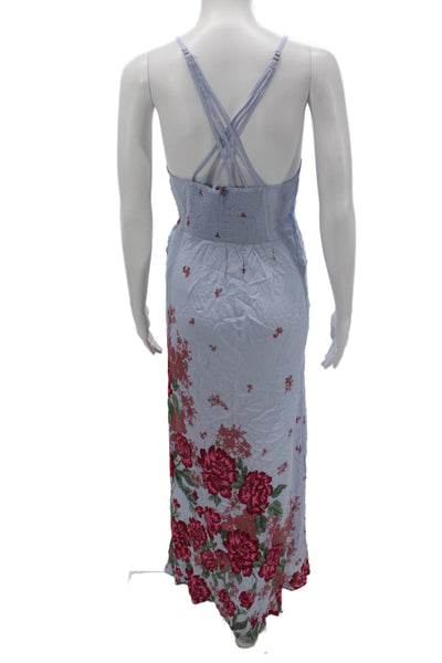 Intimately Free People Women Maxi Floral V Neck Sleeveless Blue Dress Size XS