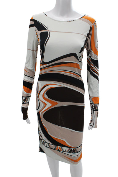Emilio Pucci Women Sheath Dress Beige Geometric Long Sleeve Size S