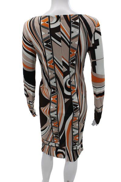 Emilio Pucci Women Sheath Dress Beige Geometric Long Sleeve Size S