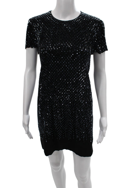 Gucci Womens Shift Dress Black Beaded Argyle Silk Short Sleeve Size 42