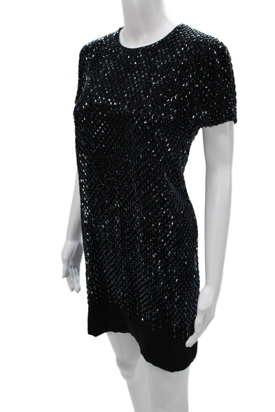 Gucci Womens Shift Dress Black Beaded Argyle Silk Short Sleeve Size 42