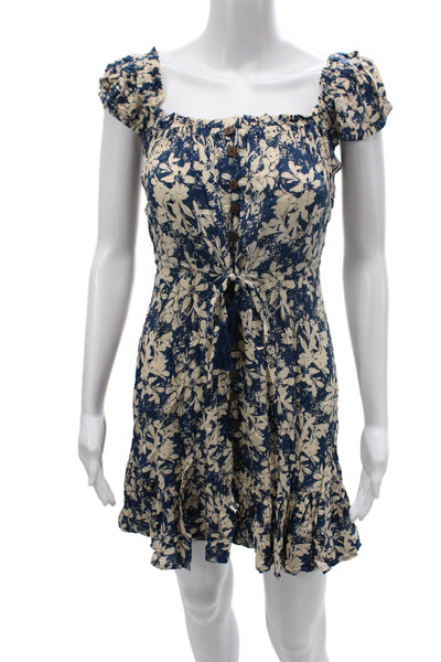 Tiare Hawaii Women Mini Dress Blue Floral Rayon Square Neck Size S