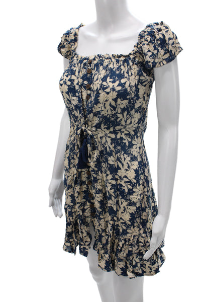 Tiare Hawaii Women Mini Dress Blue Floral Rayon Square Neck Size S
