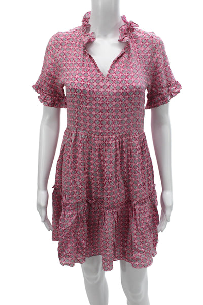 Rungolee Womens Pink Geometric V-Neck Mini Dress Short Sleeve Bohemian Size 2XS