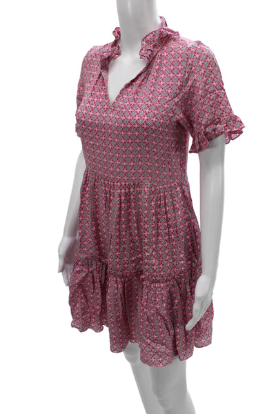 Rungolee Womens Pink Geometric V-Neck Mini Dress Short Sleeve Bohemian Size 2XS