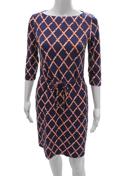 J. Mclaughlin Womens Shift Dress Blue Argyle Boat Neck 3/4 Sleeve Size XS