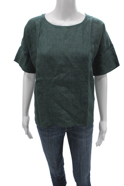 Eileen Fisher Women Green Organic Linen Short Sleeve Round Neck Blouse Size M